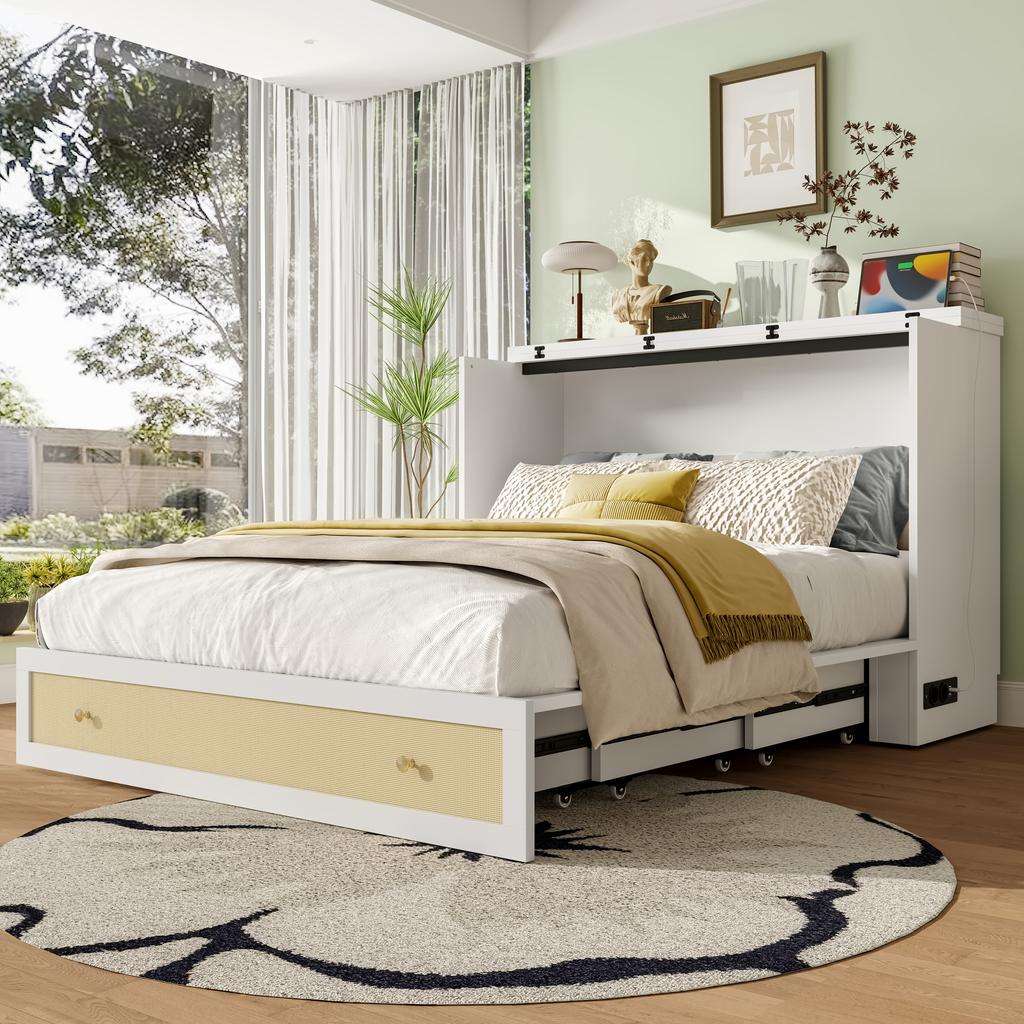 Cabinet Bed, 140 x 200, with Drawers at the Foot and Shelf at the Head of the Bed, with USB and Socket, Convertible Platform, Without Mattress, White