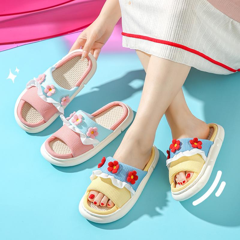 Linnen pantoffels dames vierseizoenen pantoffels ademend dikke zool prinses op de loop buitenshuis dragen thuis stil antislip schattige cartoon pantoffels
