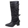 Fashion Pointed Toe Booties 2025 Fall New Block Heel Studded Metal Belt Buckle Non-Slip Wear-Resistant Block Heel Stack Boots