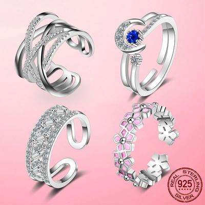 Wedding Ring Cz Silver Color Clear Zircon Moon Daisy Flower Geometry Open Size Finger Rings For Women Fine Jewelry Gift