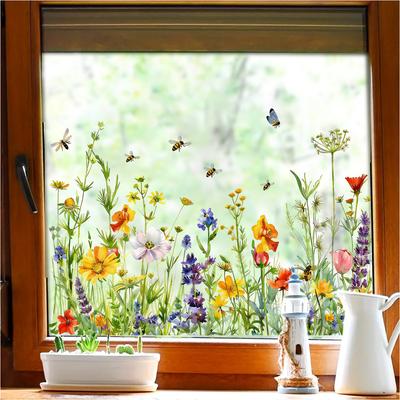 Static Cling Window Stickers Watercolor Wildflowers Butterflies No Glue for Home Decor