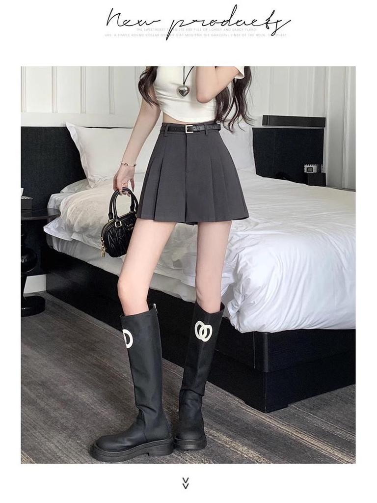 Women's High-Waisted Gray Pleated Shorts Skirt - Loose Wide-Leg Cargo Pants, Summer 2025 Collection