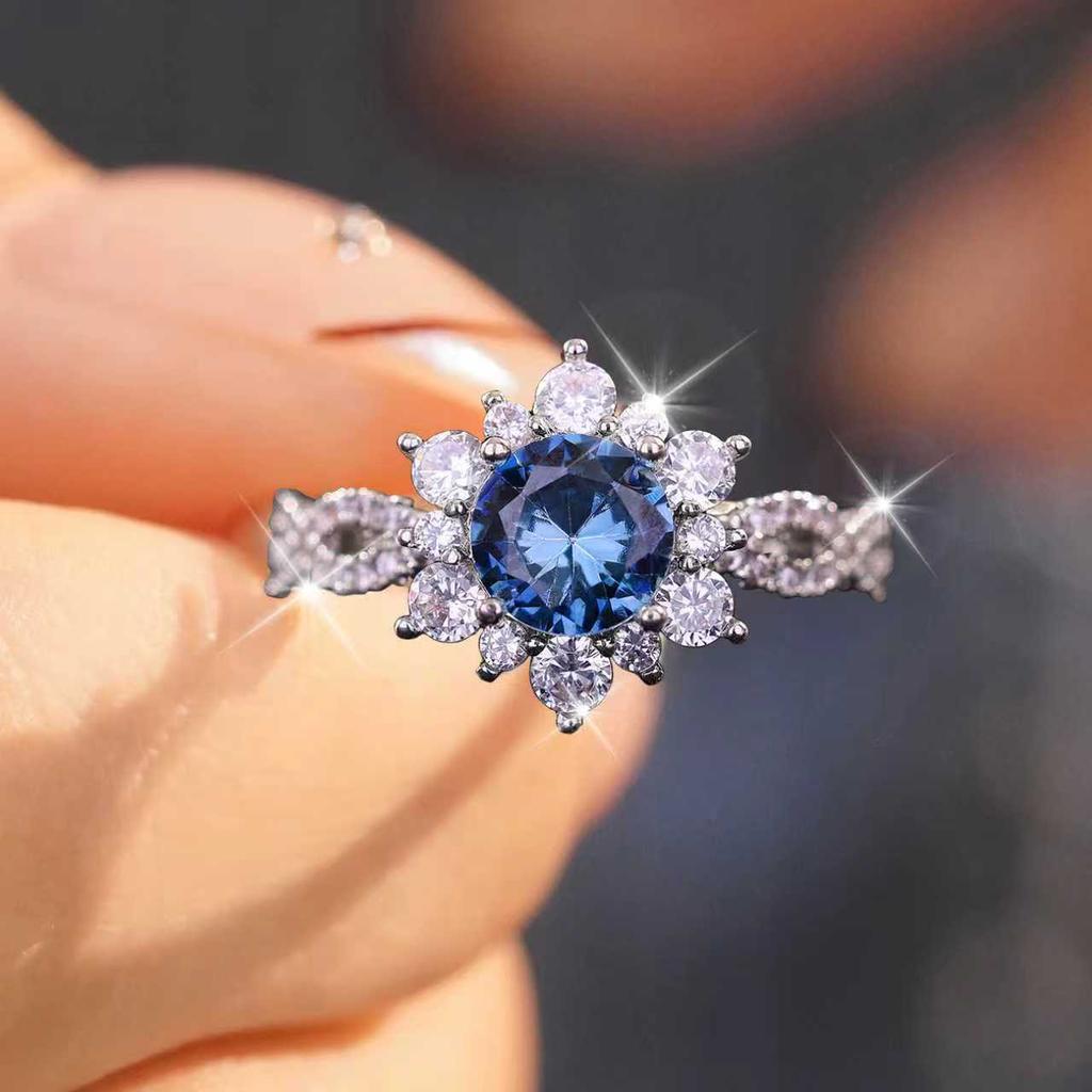 Vintage Inspired Blue Sapphire Halo Ring | Paved Cubic Zirconia CopperBand | Promise Engagement Jewelry Gift for Her