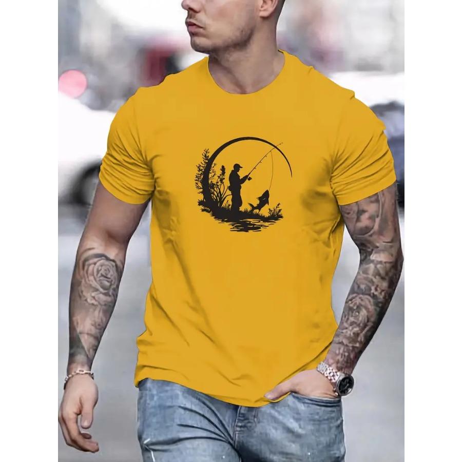 Pánské grafické rybářské tričko - 100% polyesterové základní tričko s kulatým výstřihem, mírně pružné, jednobarevné, letní ležérní top z pleteniny