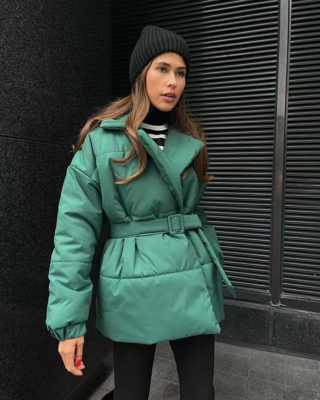 

Women s Long Padded Down Coat in Dark Green, Warm Winter Jacket with Striped Inner Wear S зелений