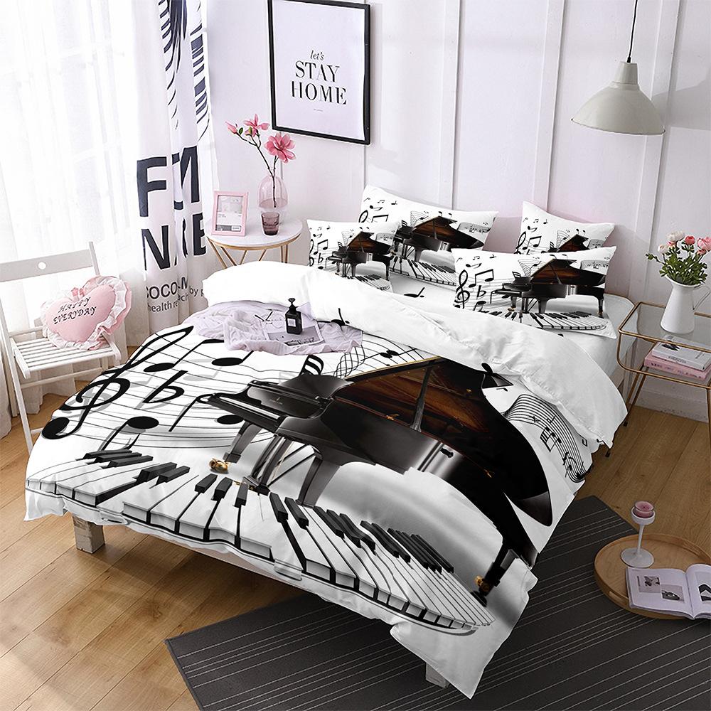 Music Theme Polyester Duvet Cover Set 3D Guitar Piano Bedding Set King Queen Twin Full Size for Kids Boys Girls Room Decoration