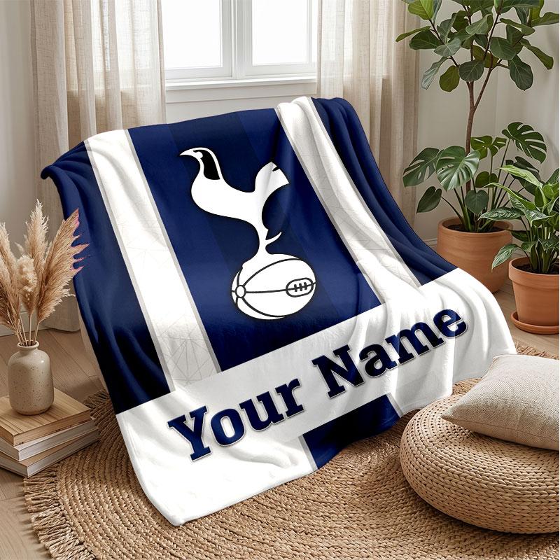 Tottenham Hotspur FC Custom Name Text Flannel Blanket Soccer Logo Personalized Fleece Throw Blanket Special Gift For Sofa Bedroom Home