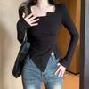 Irregular T Shirt for Women Spring Slim Crop Top Korean Style Long Sleeve Tees Y2k Solid Ladies Tshirts Femme Clothing 2024 New