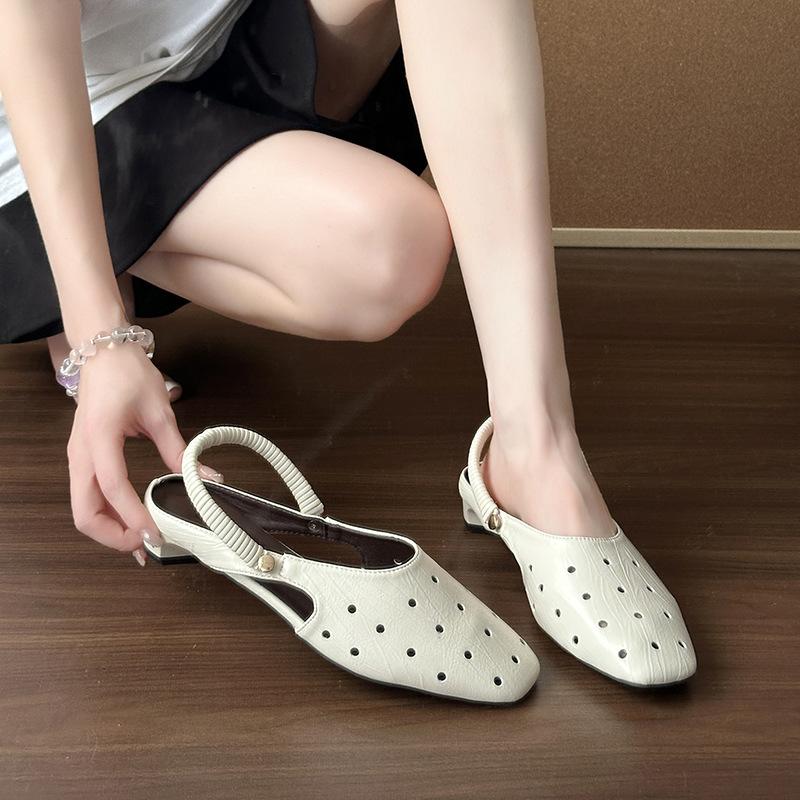 2025 summer new square head one-word buckle belt comfortable shallow mouth single shoes women's shoes hollow Mary Jane shoes low heel sandals