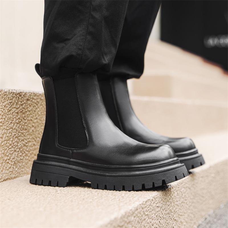 Mens Fashion Stage Nightclub High Chelsea Boots Slip-on Genuine Leather Shoes Cowboy Platform Boot Cool Long Motorcycle Botas