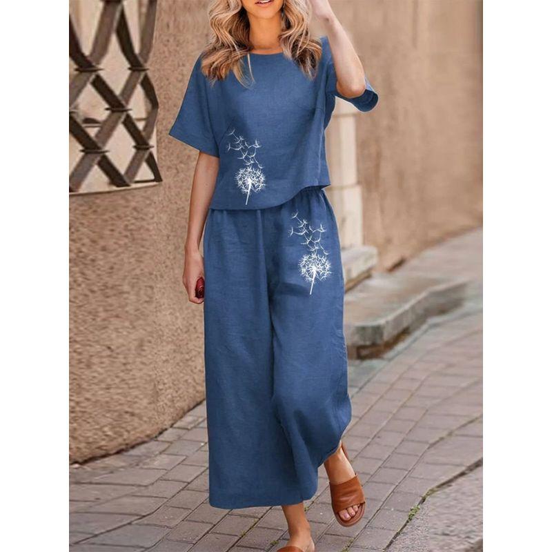 Crew Neck Short Sleeve Sleeve Printed Suit round Neck Short Sleeve Print Cropped Pants Two-piece Set