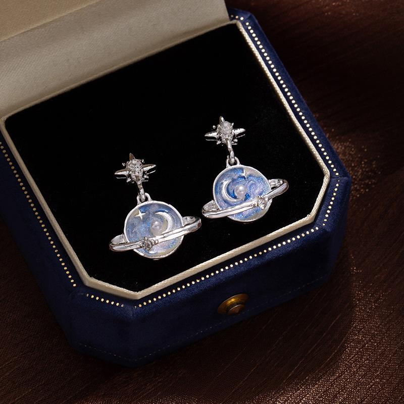 Simple Starry Sky Pendant Earrings Blue Planet Double Star Moon Earrings Silver Earrings Imitation Silver Needle Ear Jewelry