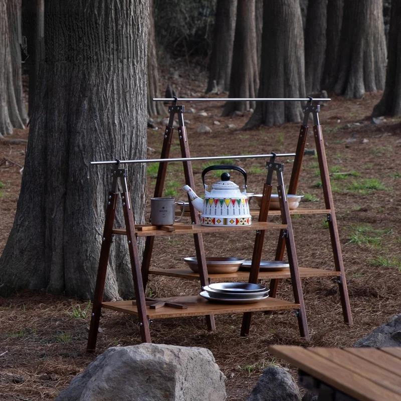 Outdoor 2 Layer Storage Portable Foldable multi-layer Shelf Camping Picnic Folding Table Hiking Picnic Bamboo Tool Rack