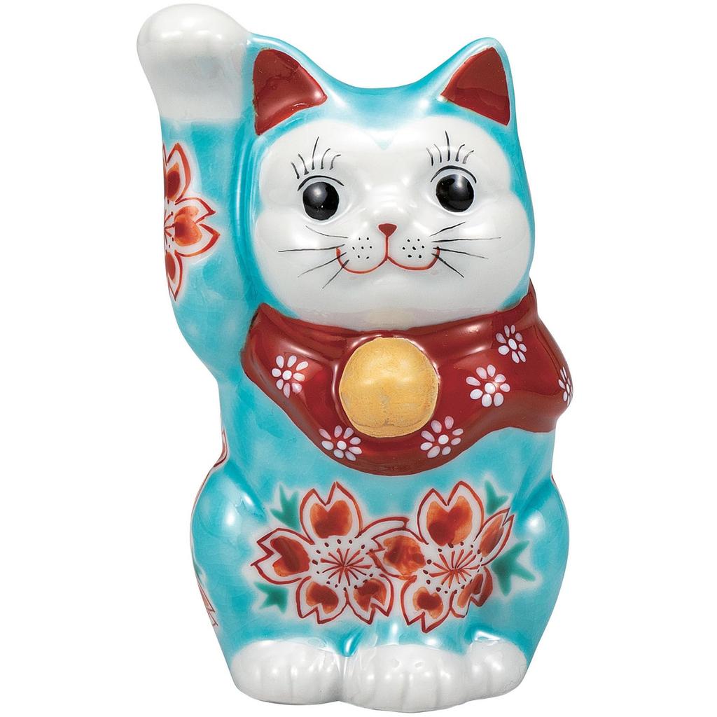 Kutani Ware Symbolizing Good Fortune and Right Size Turquoise Blue Cherry Blossom Maneki-neko (beckoning Cat) Figurine, Wealth, Hand, 11.5cm Tall, 4,