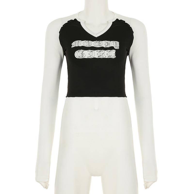 Women's Letter Print V Neck Color Contrast Fashion Spice Slim Slim Casual Long Sleeved Short Top