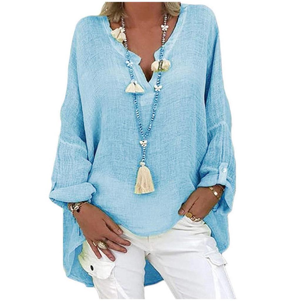 6-Color Loose Shirt Women's Casual Solid Color Top Spring Autumn V-Neck Long Sleeved Blouse