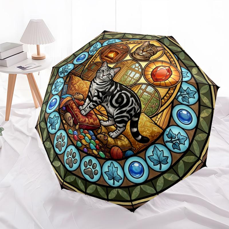 Glass Cat Fantasy pattern umbrella, portable and foldable design, 8 ribs, a casual accessory for Halloween, Christmas, and birthday gifts.