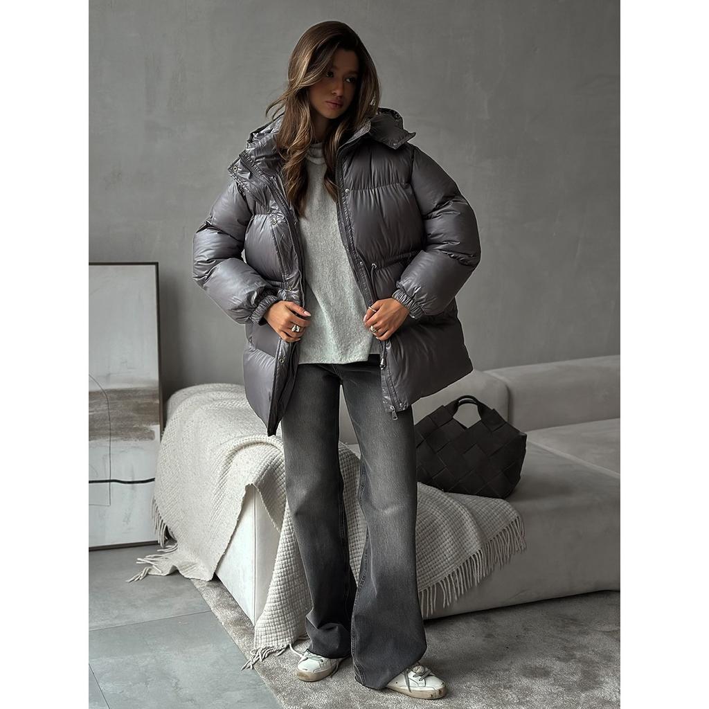 2025 Winter New Women's Drawstring Slim Fit Cotton Coat with Hood Zipper Warm Comfortable Outerwear for Europe and America