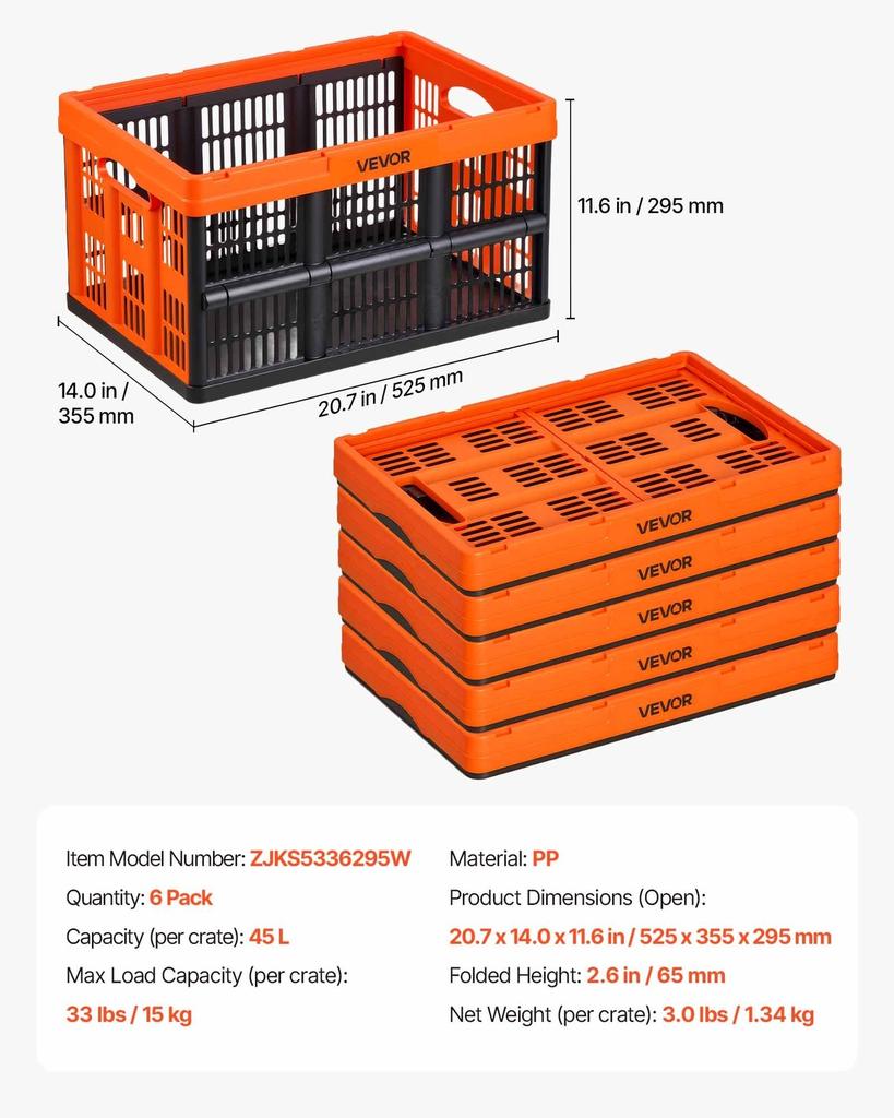 Plastic Collapsible Storage Bins, 45L 6 Packs, Stackable Folding Storage Crates with Handles, Holds 15 kg Per Bin, Foldable Heavy Duty Containers,