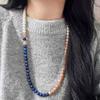 Vintage Natural Lapis Lazuli Sunstone Artificial Crystal Pearl Contrasting Sweater Chain Necklace Collarbone Chain