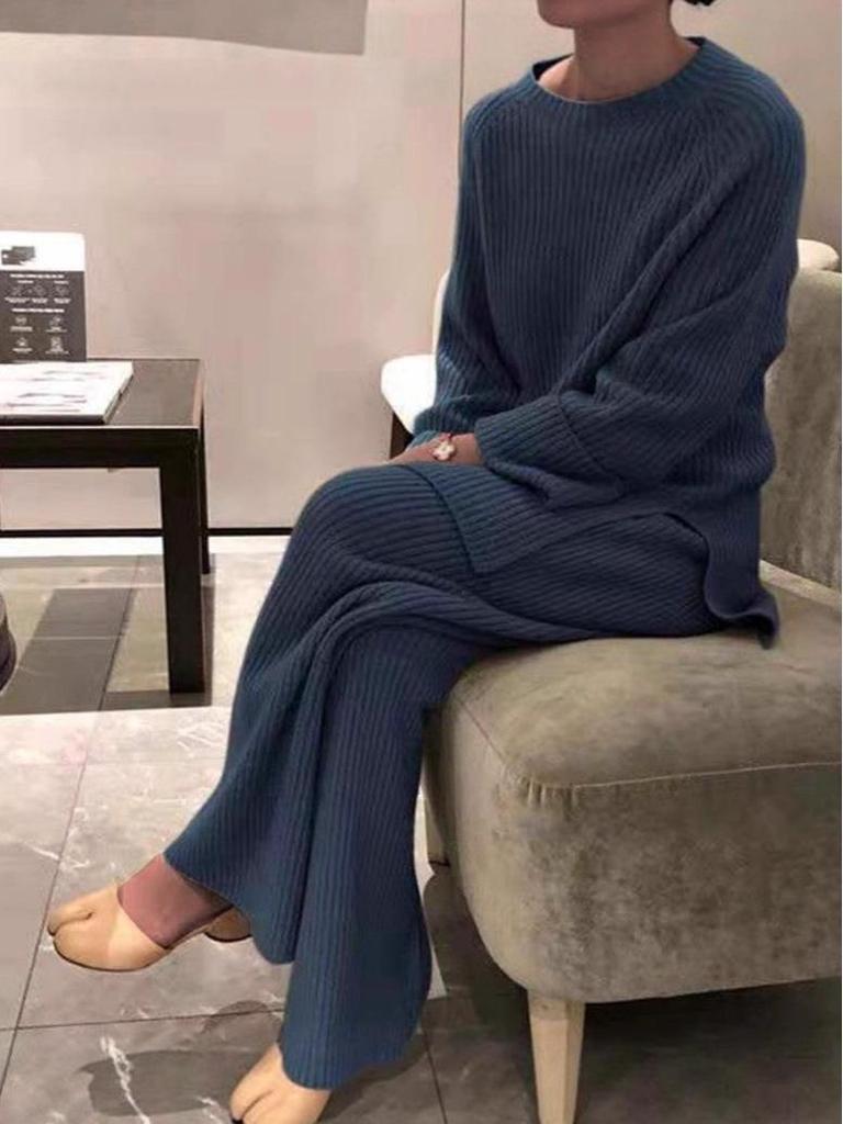 2025 Damen Herbst/Winter Langarm Einfarbig Gestrickt Lässig Zweiteiliges Set