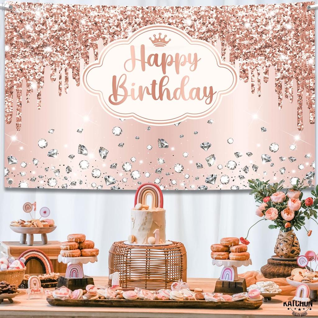 KatchOn, XtraLarge Rose Gold Happy Birthday Banner - 72x44 Inch | Birthday Decorations for Women, Girls | Backdrop Banner for Rose Gold Party