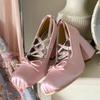 2025 Minuet Pink Mary Jane High Heels Lolita Thick Heel Satin Ribbon Ballet Sandals For Women Pumps