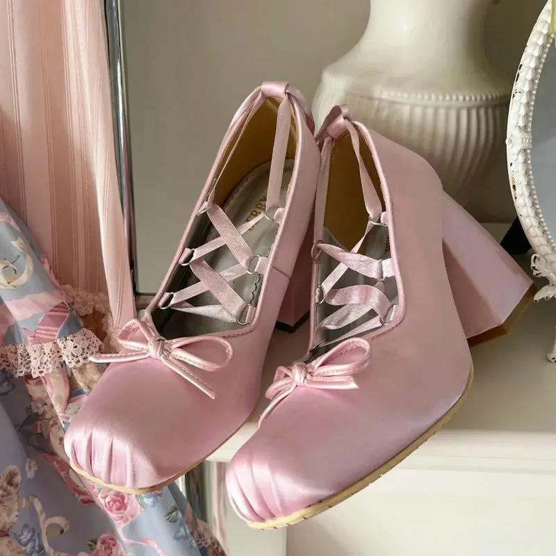 2025 Minuet Pink Mary Jane High Heels Lolita Thick Heel Satin Ribbon Ballet Sandals For Women Pumps