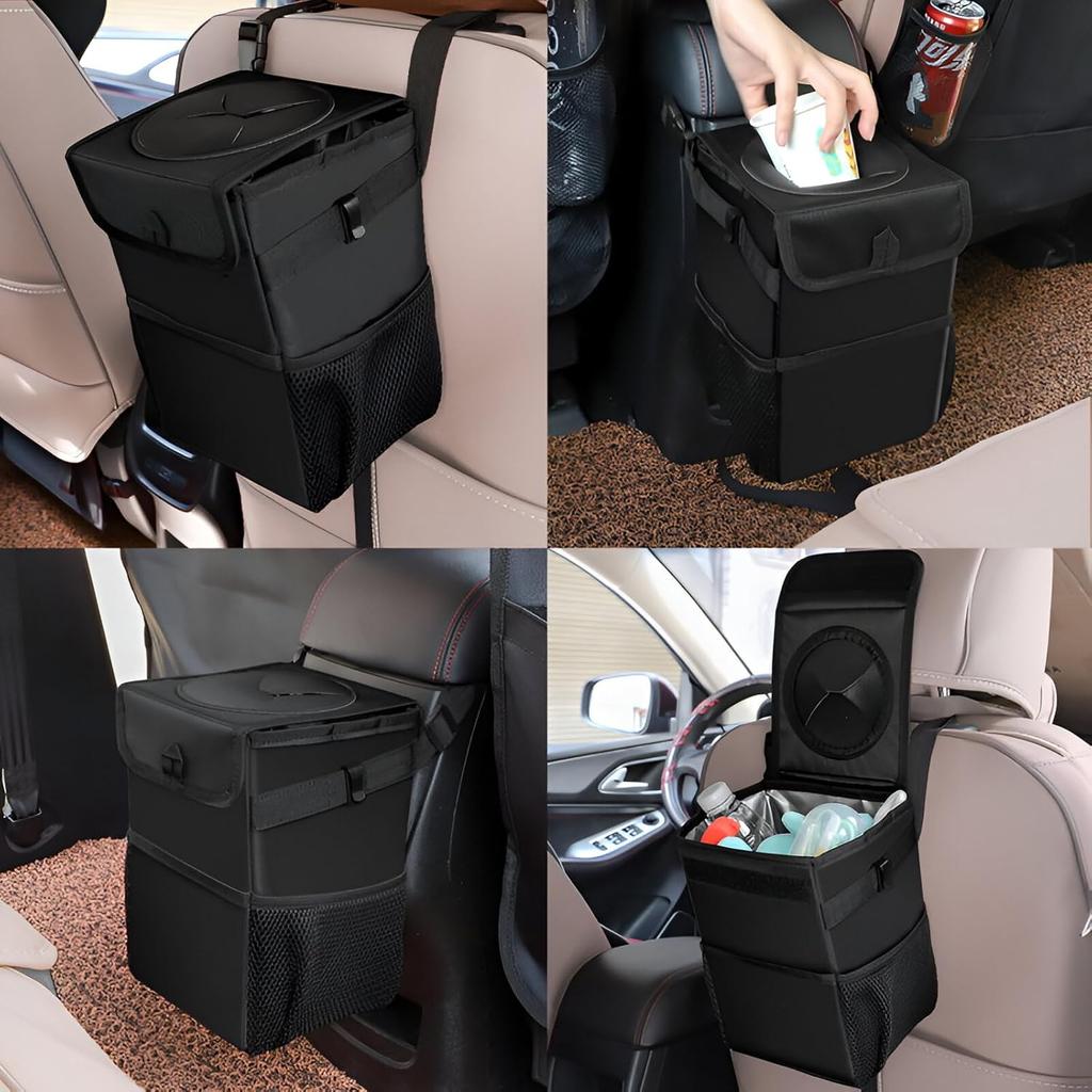 Waterproof Car Trash Can Leakproof Dustbin with Lid Storage Pockets Multipurpose Vehicle Garbage Bin for SUV