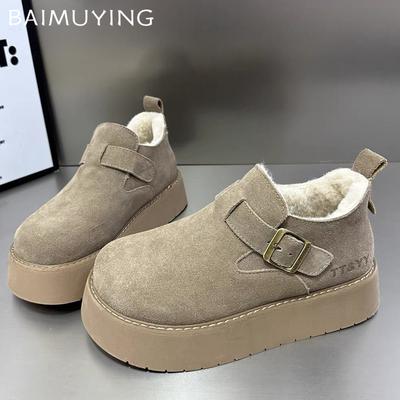 Botine de damă cu platformă din blană, plate din piele întoarsă, pantofi casual de modă, femeie, trend 2025, iarnă, designer, pentru mers, confortabile, de zăpadă, botine pentru femei