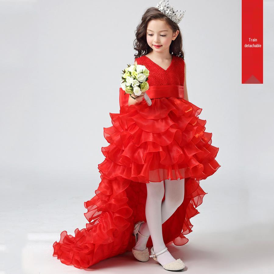 Girls' High-End Formal Princess Dress with Removable Train - Perfect for Weddings, Flower Girls, and Piano Performances