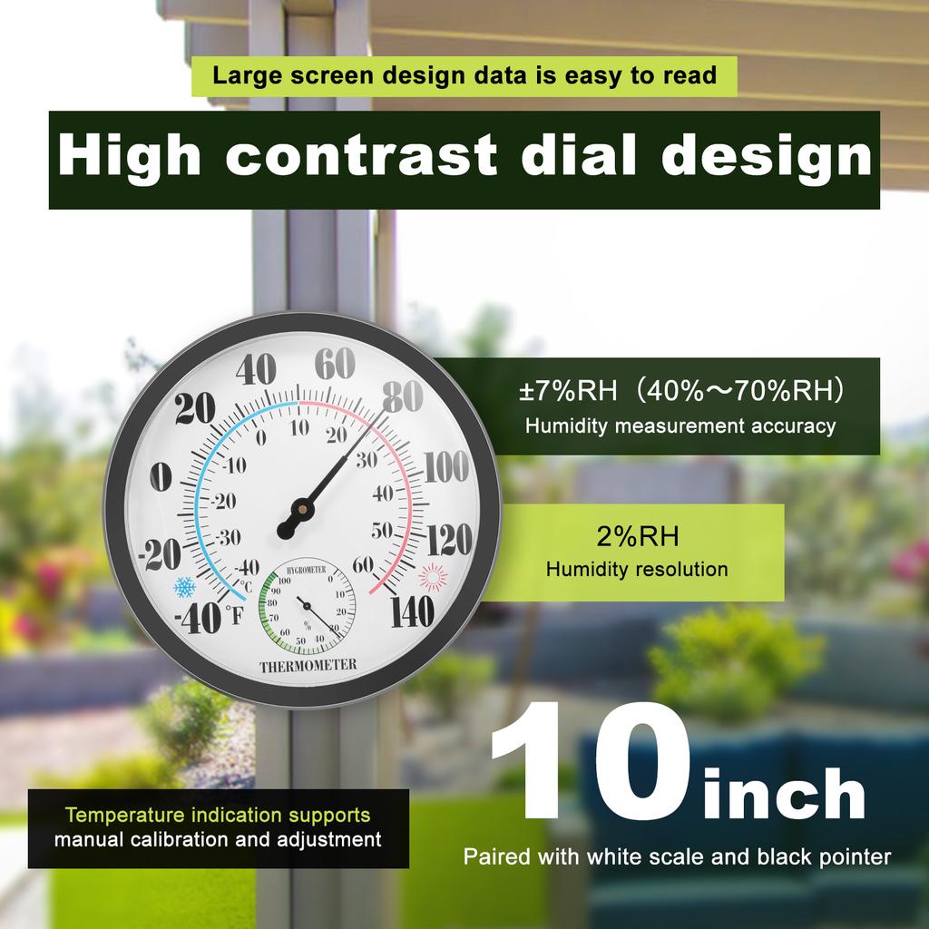 10" Thermometer Hygrometer Round Black Wall Mount Temperature and Humidity Monitor Outdoor Thermometer Hygrometer for Patio Home