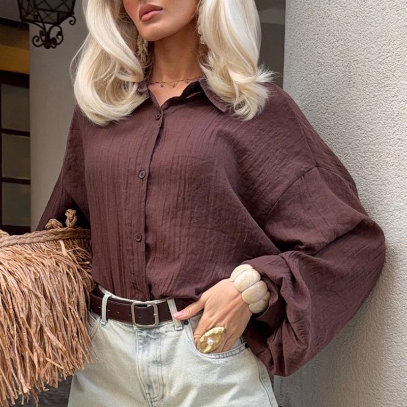 Women S Loose Lantern Long Sleeve Shirt Lapel Button Thin Sun Protection Cardigan
