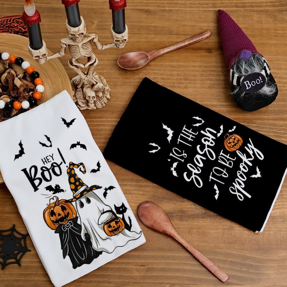 ARKENY Pumpkin Ghost Halloween Kitchen Towels Set of 2,Black Bat Boo Dish Towels 18x26 Inch,Farmhouse Home Indoor Vintage Party Decoration AD394