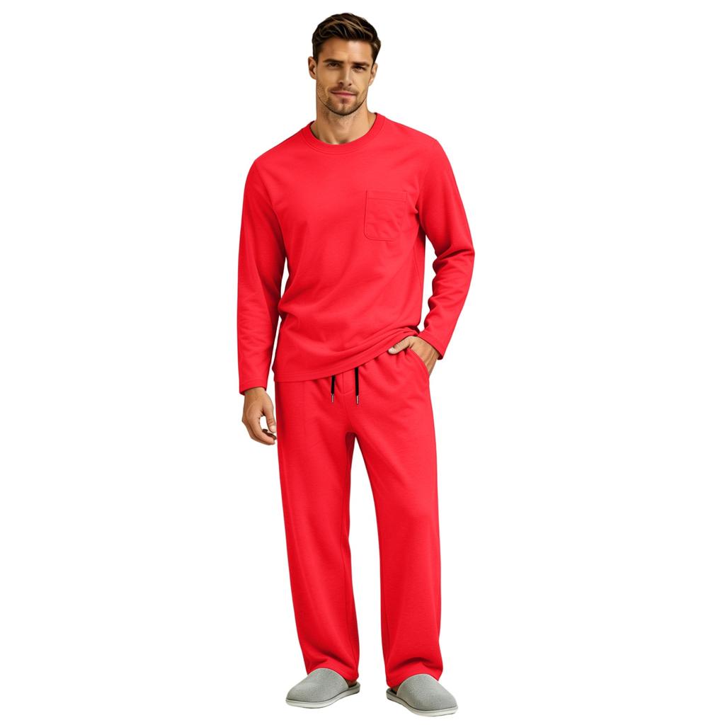 Men's Long Sleeve Pajama Set with Button Fly and Elastic Drawstring Waist for Sleep and