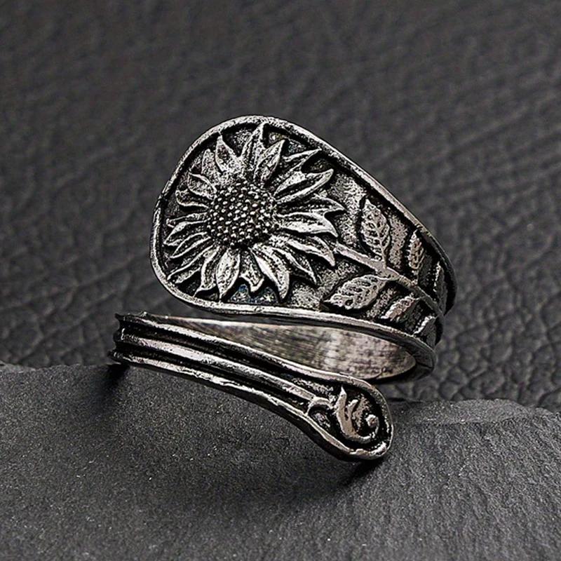 

Vintage Butterfly Dragonfly Sunflower Pattern Adjustable Ring Women Simple Creative Party Personalized Jewelry Accessories resizable