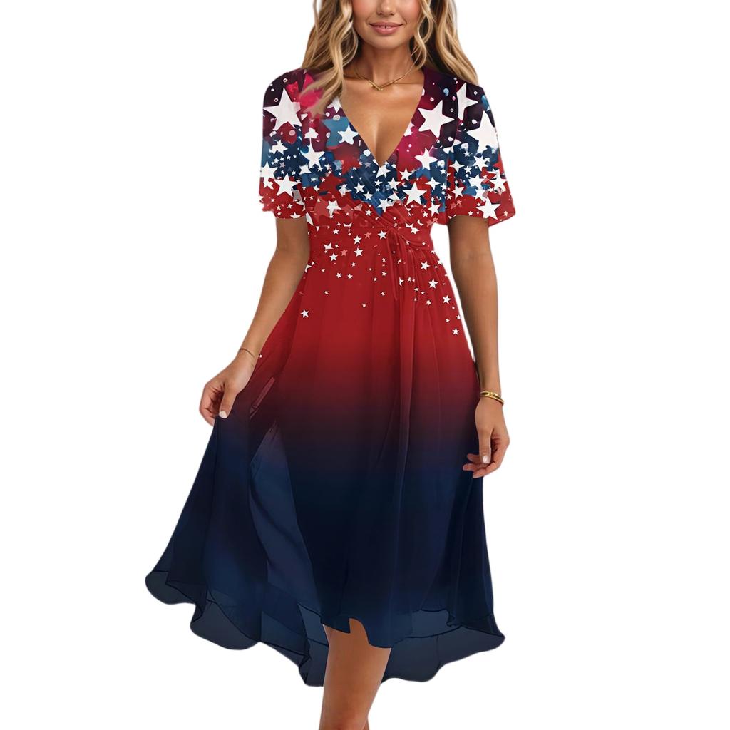Women's Casual V-Neck Short-Sleeve Independence Day Print Dress