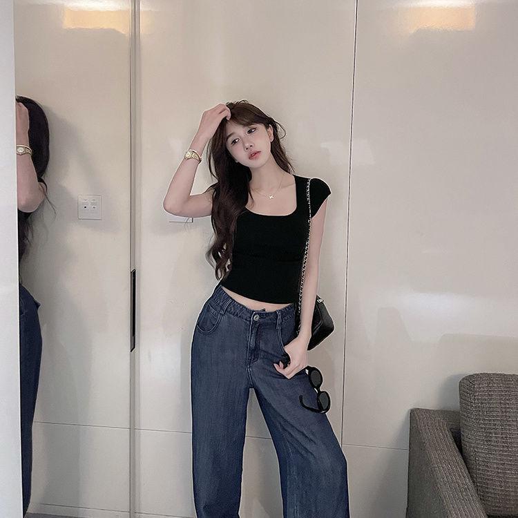 2025 Summer Women's Square Neck Short Sleeve Knit T-Shirt: Spicy Slimming Base Top