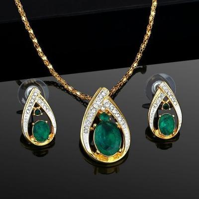 Fashion Drop Shape Pendant Set with Gold and Rhodium Plated and Emerald Stone for Women/Girls