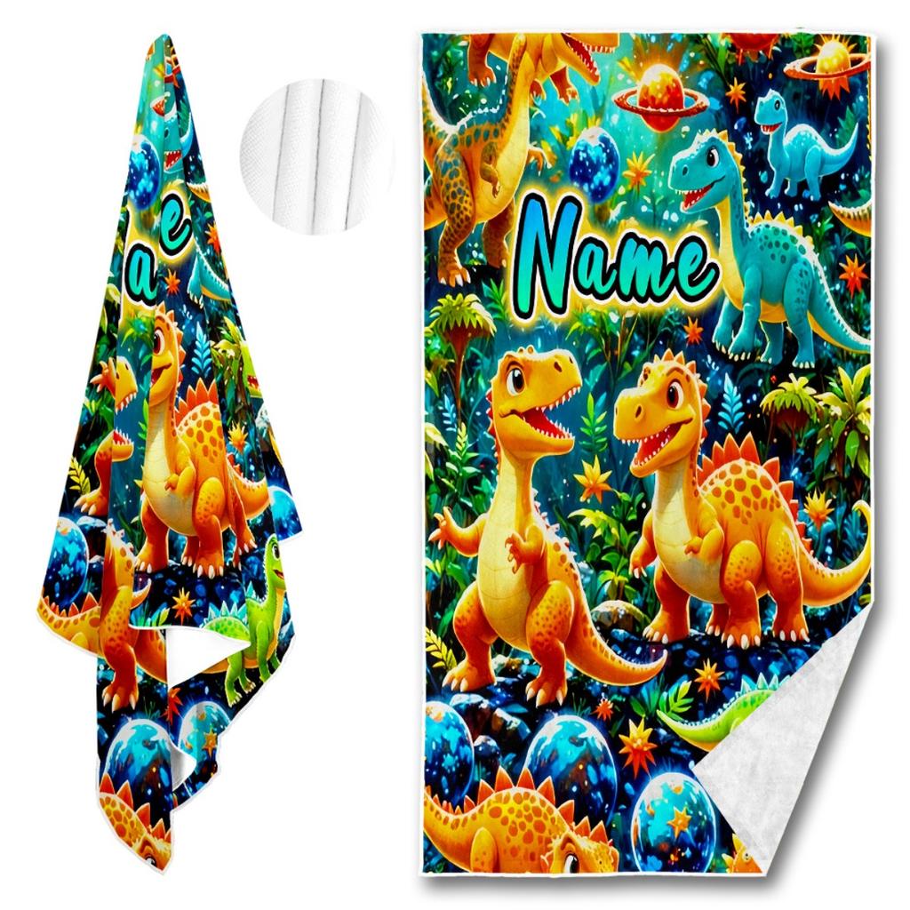 Asciugamano da Spiaggia Personalizzato con Cartone Animato di Dinosauro, Nome Personalizzato, Asciugamani da Bagno in Microfibra per Bambini, Morbido, Asciugatura Rapida, Telo Mare per Piscina