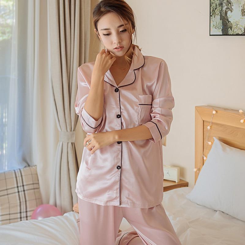 Spring Summer Women's Silk Long-sleeved Casual Sleepwear Suit Plus Size Nightwear Pijama Homewear