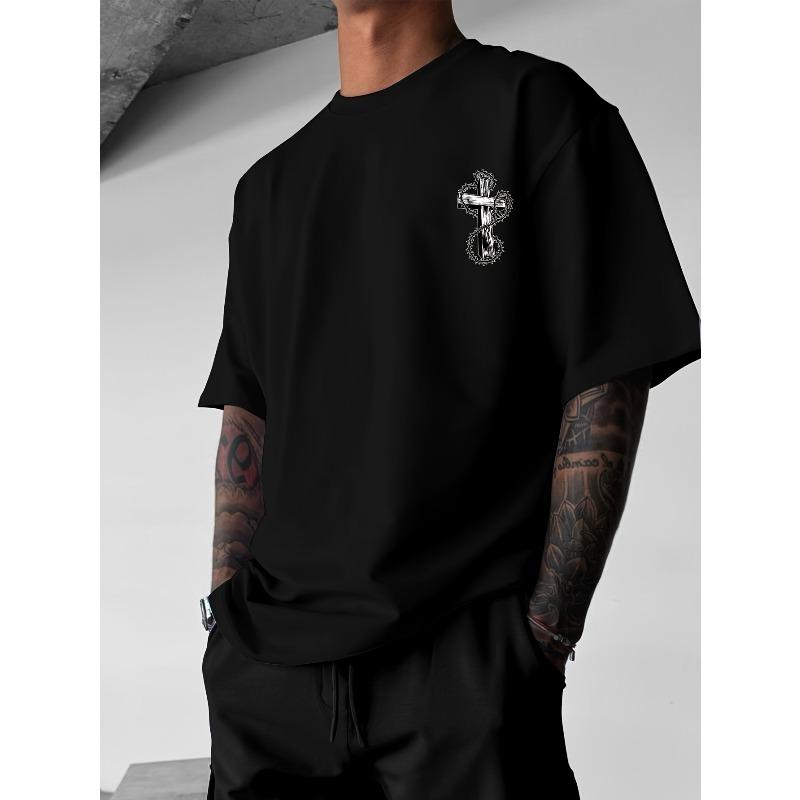 European Size Y2K Style Men's T-Shirt with Winged Cross Pattern- Casual Streetwear, Breathable Fiber, Summer Outdoor Fashion