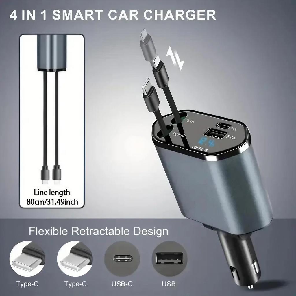 Fast Charging Car Charger 4 In 1 Retractable Car Charger with USB Type-C Cable & 2 Type C Charging Ports, Universal Car Charger