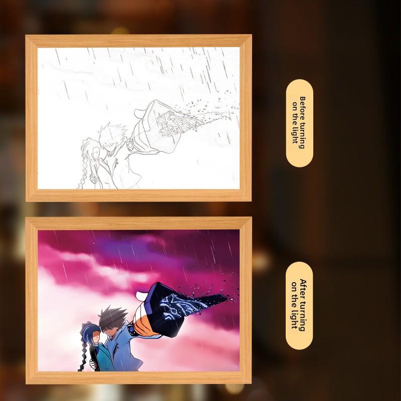 Anime l A4 Photo Classical Wood Picture Creative Manga Painting Design for Home Decoration Photo Frame with Led Light