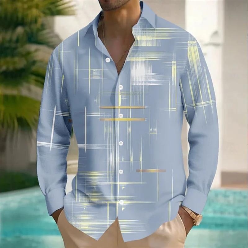 Men's Geometric Grid Long Sleeve Shirt Casual Fashion Outdoor Holiday Street Trend 3D Printed Long Sleeve Shirt