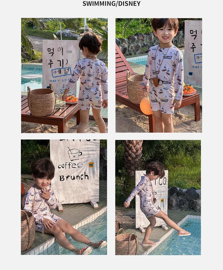 Neuer Jungen Segelboot Langarm Sonnenschutz Einteiliger Badeanzug für Sommer - Schnelltrocknende Strandbademode für Kleinkinder und Kinder