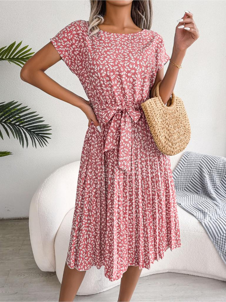 O Neck Printed Dress Waist Hugging Elegant Dress for Women Short Sleeve Loose Dresses Causal Dress