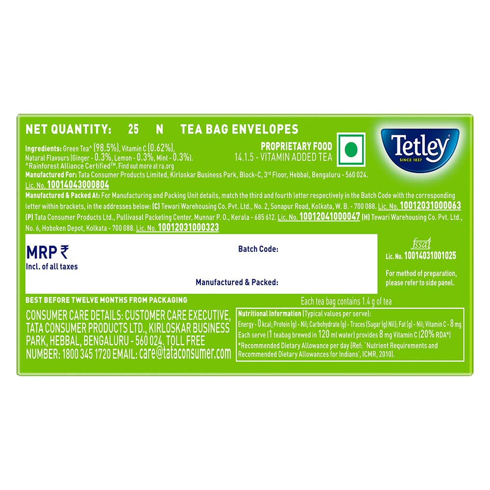 Tetley Green Tea Bags, Ginger Mint Lemon, 25 Tea Bags