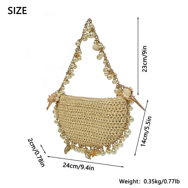 Yogodlns Borsa da Donna Bohémienne in Paglia Perle Conchiglia Borse Intrecciate a Mano Intrecciata a Mano Conchiglia Stella Marina Borsa da Spiaggia Rattan Mezza Luna Borse a Spalla