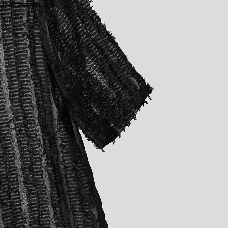 INCERUN Oversized Men Casual Lapel Neck Short Sleeve Tassel See Through Loose Shirts